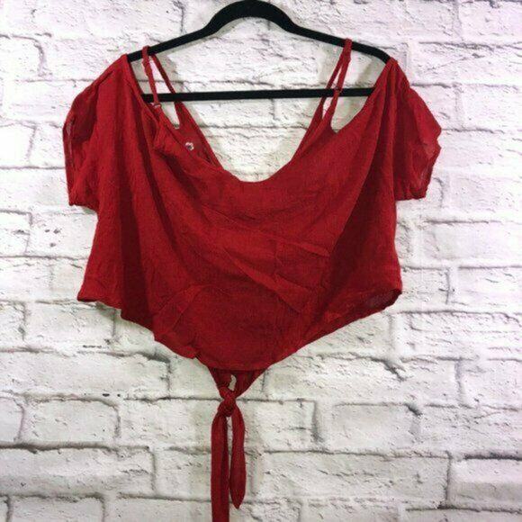 Polly & Esther Women's Juniors Embroidered Top Cold Shoulder Red Size Medium - Picture 4 of 5